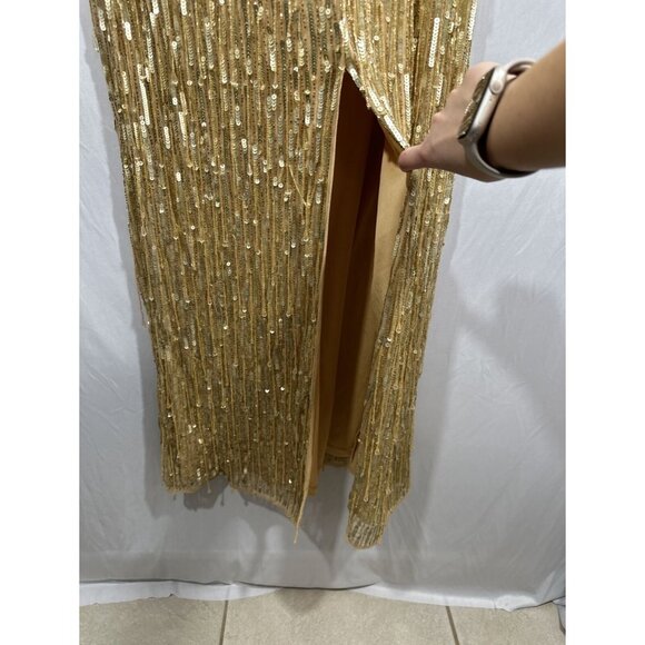NWT $598 Mac Duggal [ 12 ] Sequined Long Sleeve V Neck Beaded Fringe Gown Gold‎ - Picture 15 of 15